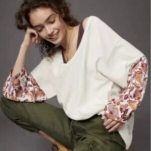 Anthropologie White Tunic with Floral Sleeves